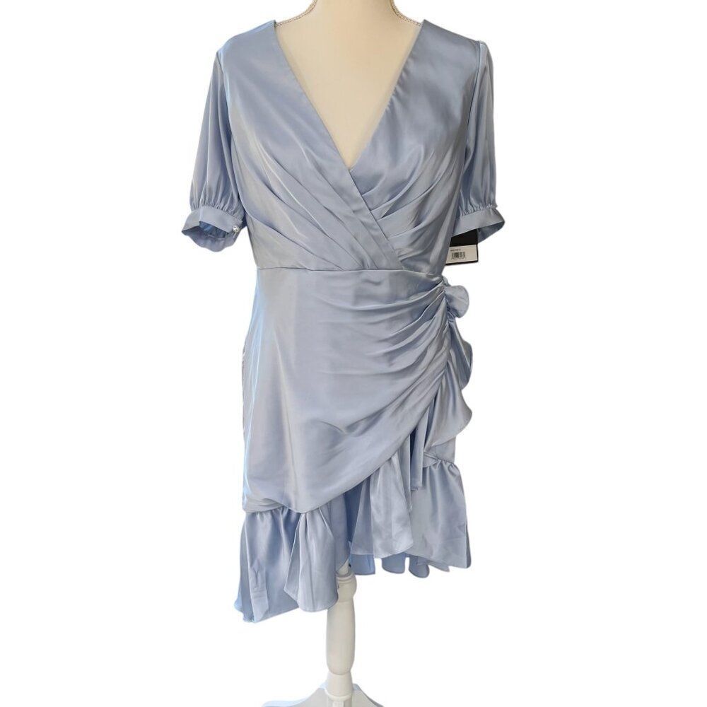 Ieena NWT For Mac Duggal Light Blue Satin Faux Wrap Dress Ruffle Hem Size 10